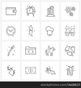 Modern Style Set of 16 line Pictograph Grid based pointer, arrow, farming, setting, gear Vector Illustration