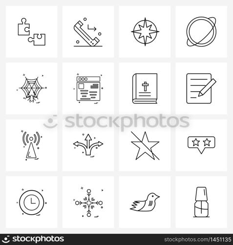 Modern Style Set of 16 line Pictograph Grid based spider web, web, day, space, planet Vector Illustration