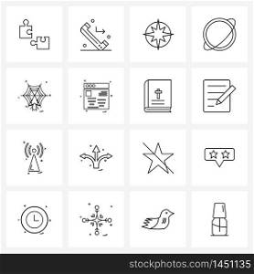 Modern Style Set of 16 line Pictograph Grid based spider web, web, day, space, planet Vector Illustration