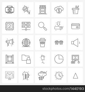 Modern Style Set of 25 line Pictograph Grid based food, dollar, cooking, coin, money Vector Illustration