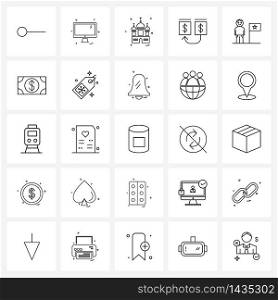 Modern Style Set of 25 line Pictograph Grid based money, exchange, religion, currency exchange, temple Vector Illustration