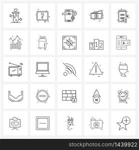 Modern Style Set of 25 line Pictograph Grid based notepad, dollar, messages, shopping, avatar Vector Illustration