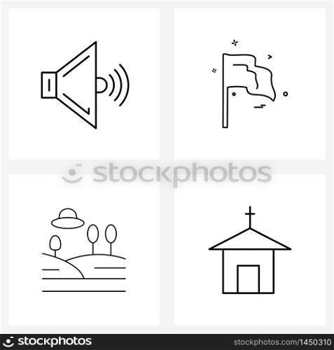 Modern Style Set of 4 line Pictograph Grid based alarm, spaceship, sound, flag design, church Vector Illustration