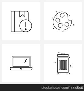 Modern Style Set of 4 line Pictograph Grid based book, computer, alert, colors, trash Vector Illustration