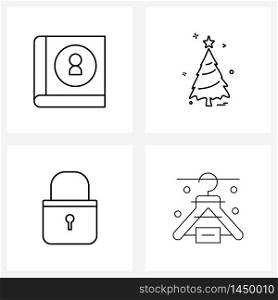 Modern Style Set of 4 line Pictograph Grid based book, secure, profile, Christmas celebrations, clothing Vector Illustration