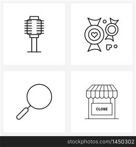 Modern Style Set of 4 line Pictograph Grid based brush, magnifying glass, candy, love, closed Vector Illustration