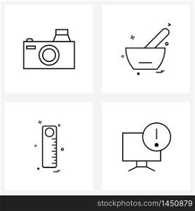 Modern Style Set of 4 line Pictograph Grid based camera, stationary, photography, plate, geometry Vector Illustration