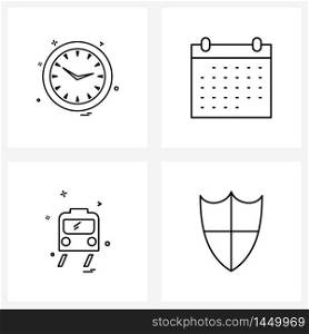 Modern Style Set of 4 line Pictograph Grid based clock, transport , hours, event, shield Vector Illustration