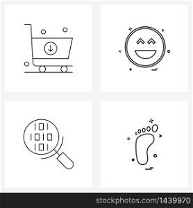Modern Style Set of 4 line Pictograph Grid based e commerce, smiley, ecommerce, emoji, magnifier Vector Illustration
