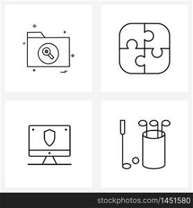 Modern Style Set of 4 line Pictograph Grid based files, protection technology, folder, puzzle game, golf Vector Illustration