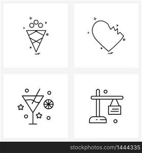 Modern Style Set of 4 line Pictograph Grid based food, cocktail, heart, valentine&rsquo;s day, party Vector Illustration