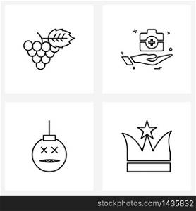 Modern Style Set of 4 line Pictograph Grid based grapes; Halloween; meal; first aid box; crown Vector Illustration