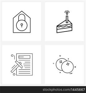 Modern Style Set of 4 line Pictograph Grid based house, data processing, hotel, food, food Vector Illustration