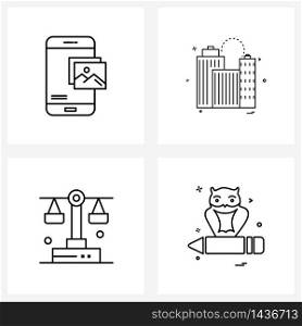 Modern Style Set of 4 line Pictograph Grid based image; justice; city; buildings; education Vector Illustration