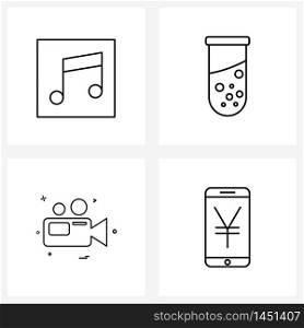 Modern Style Set of 4 line Pictograph Grid based music, photography, biology, science, yen Vector Illustration