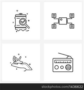 Modern Style Set of 4 line Pictograph Grid based search; old radio; processor; plants; radio antenna Vector Illustration