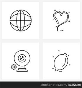 Modern Style Set of 4 line Pictograph Grid based world, gear, heart, valentine&rsquo;s day, mic Vector Illustration