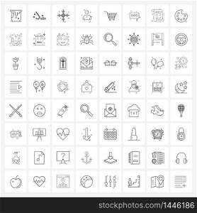 Modern Style Set of 64 line Pictograph Grid based trolley, cart, snow, shopping, men Vector Illustration