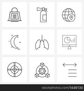 Modern Style Set of 9 line Pictograph Grid based body part, moon, global, sky, crescent Vector Illustration