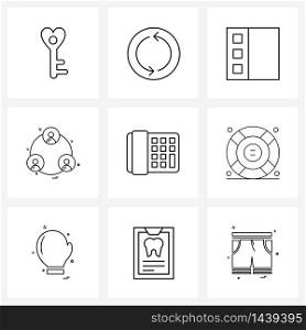 Modern Style Set of 9 line Pictograph Grid based buoy, call, bookmark, phone, group Vector Illustration