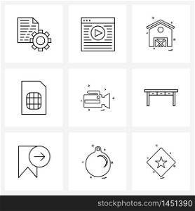 Modern Style Set of 9 line Pictograph Grid based camera, communication, apartment, network, sim card Vector Illustration