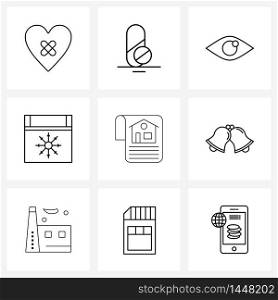 Modern Style Set of 9 line Pictograph Grid based contract, winters, pills, snow, money Vector Illustration