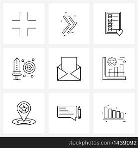 Modern Style Set of 9 line Pictograph Grid based email, e, document, adventure, sword Vector Illustration