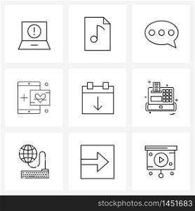Modern Style Set of 9 line Pictograph Grid based fax, schedule, customer service, date, medical Vector Illustration