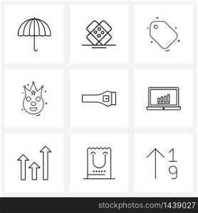 Modern Style Set of 9 line Pictograph Grid based flashlight, crown, tag, star, clown Vector Illustration