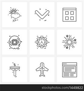 Modern Style Set of 9 line Pictograph Grid based gear clock, processor, down, ic, cloud Vector Illustration