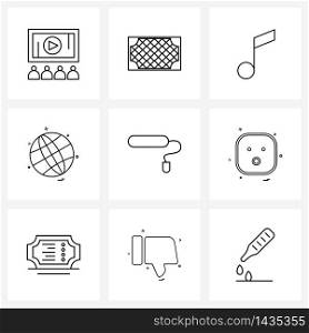 Modern Style Set of 9 line Pictograph Grid based hardware, constructions, music, worldwide, world Vector Illustration
