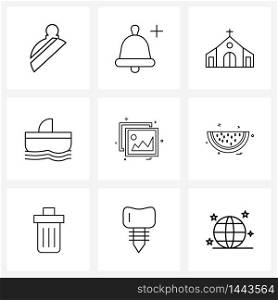 Modern Style Set of 9 line Pictograph Grid based image, water, notification, boat, religion Vector Illustration