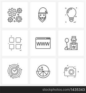 Modern Style Set of 9 line Pictograph Grid based internet, www, bulb, menu, user interface Vector Illustration