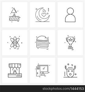 Modern Style Set of 9 line Pictograph Grid based love, science, account, physics, nuclear Vector Illustration