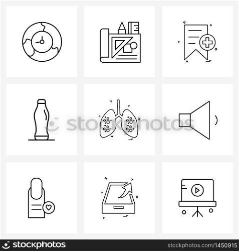 Modern Style Set of 9 line Pictograph Grid based medical, hotel, sketch, drink, ui Vector Illustration