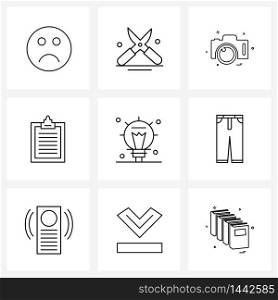 Modern Style Set of 9 line Pictograph Grid based menu, essential, camera, content, paper Vector Illustration