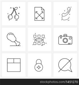 Modern Style Set of 9 line Pictograph Grid based network, fries, full, food, call Vector Illustration