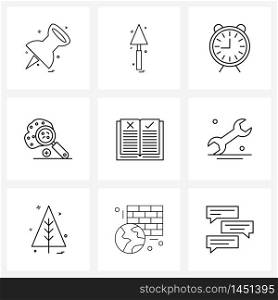 Modern Style Set of 9 line Pictograph Grid based report, searching, alarm, bacteria, minutes Vector Illustration
