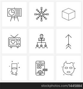 Modern Style Set of 9 line Pictograph Grid based romantic, love, Christmas, television, financial Vector Illustration
