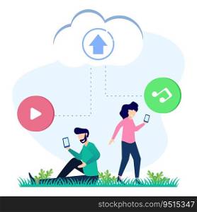 Modern style vector flat illustration, cloud storage, download tracking to cloud, data transfer folder with documents, data storage.