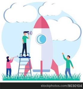Modern style vector illustration, businessmen building a spaceship rocket. cohesive teamwork in startup vectors.