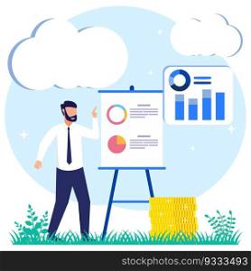 Modern style vector illustration. Confident successful businessman with various business process icons and infographics. Business charts and diagrams.
