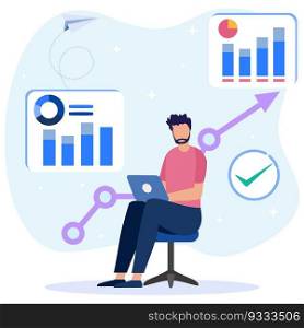 Modern style vector illustration. Confident successful businessman with various business process icons and infographics. Business charts and diagrams.