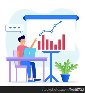 Modern style vector illustration. Confident successful businessman with various business process icons and infographics. Business charts and diagrams.