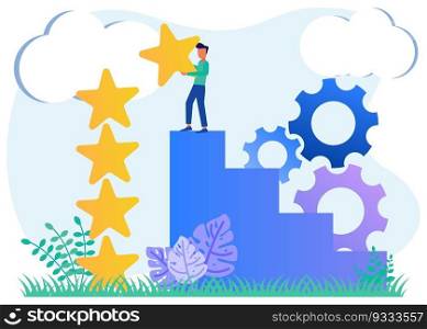 Modern style vector illustration, customer satisfaction measurement and star rating, young man giving five stars.