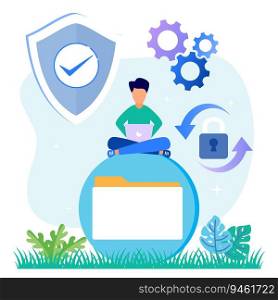 Modern style vector illustration Cyber   Security Service Concept for Sharing Documents, Contracts and Protecting Private Data and Shared Documents.
