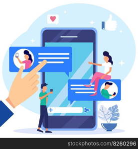 Modern style vector illustration Online chat scene.Virtual friends talking using text messages. Digital global connection with smartphone connection and social media support.