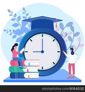 Modern style vector illustration, person character with clock on white background, study schedule, time management concept, quick reaction.