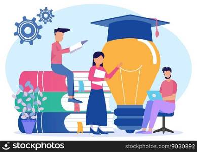 Modern style vector illustration. students are studying at home with laptops and books. E-learning, webinars, online video training, distance education concepts.