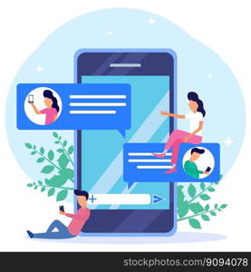 Modern style vector illustration. Woman chatting with man near big cell phone. Message on smartphone. Virtual dating and relationship app.